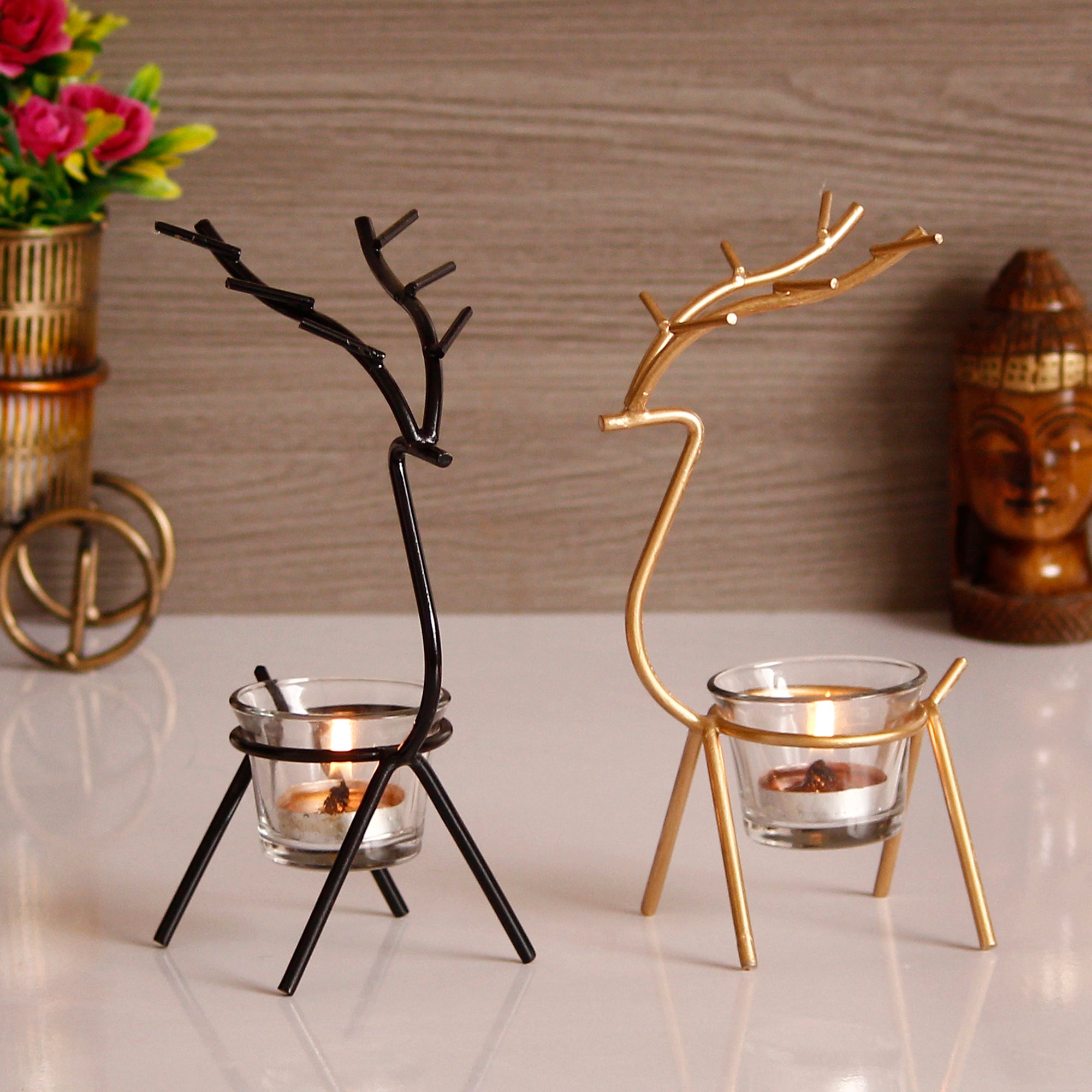 Aurora Pair – Handcrafted Metal Deer Tea Light Holders (Set of 2)