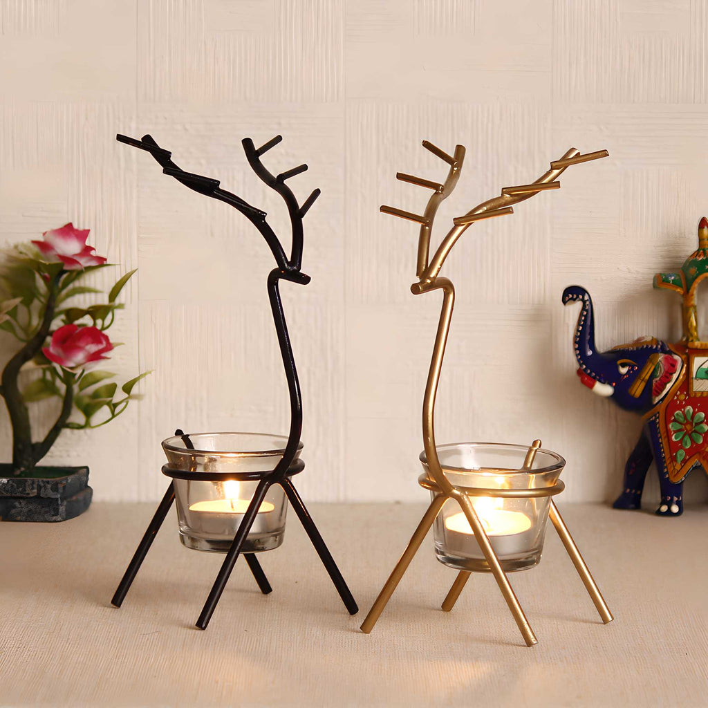 Aurora Pair – Handcrafted Metal Deer Tea Light Holders (Set of 2)