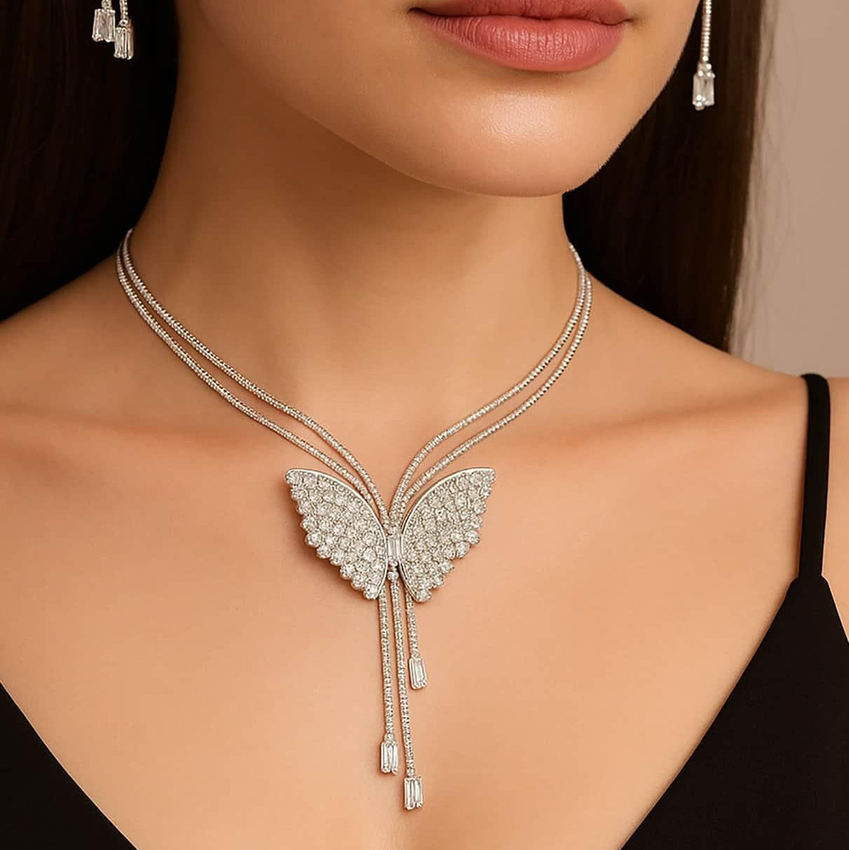 FlutterBloom – Butterfly Pendant Necklace with Earrings